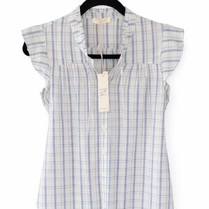 Lovestitch White and Blue Plaid Blouse with Ruffle Trim